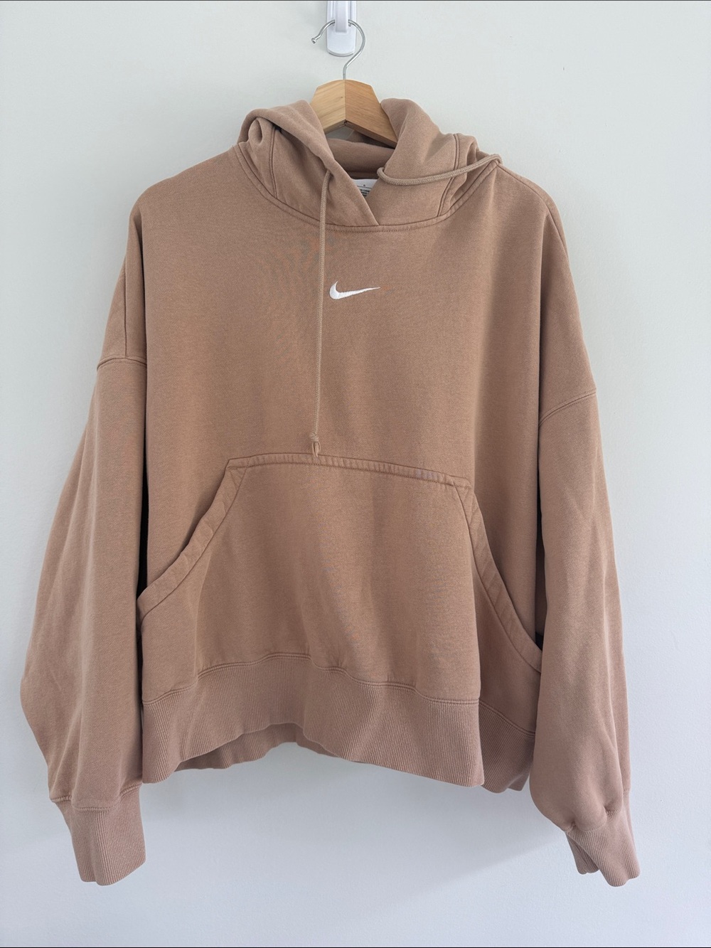 Nike Sportswear Phoenix Fleece Tan Pullover Hoodie with White Swoosh, L